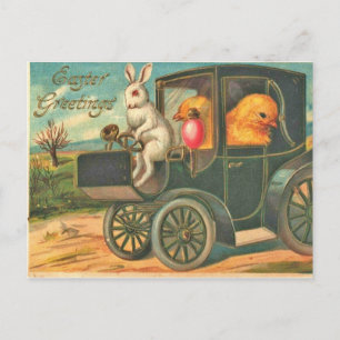 Cartão Postal Coelho da Páscoa e Filhotes em Carro em Estilo Ret
