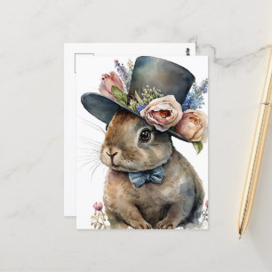 Cartão Postal Coelho de Aquarela Adorável Vestindo um Chapéu