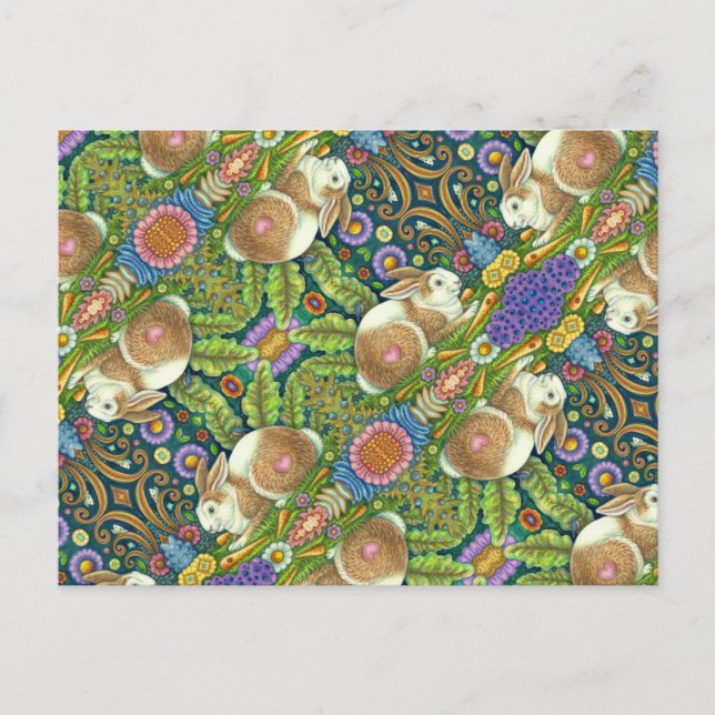 CARTÃO POSTAL COELHO DE ARTE FOLK E PÁSSARO EM JARDIM SECRETO (Frente)