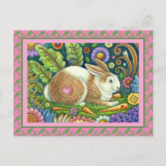 CARTÃO POSTAL COELHO DE ARTE FOLK, PÁSSARO BRANCO, JARDIM SECRET (Frente)