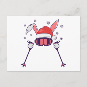 Cartão Postal Coelho de Natal Esquiando com Chapéu de Natal e ba