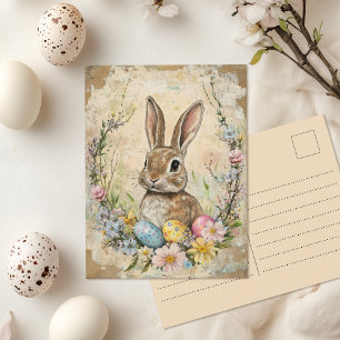 Cartão Postal Coelho de Páscoa com Ovos Florais em Aquarela Vint