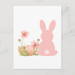 Cartão Postal Coelho de Páscoa Rosa Fofo com Flores de Primavera