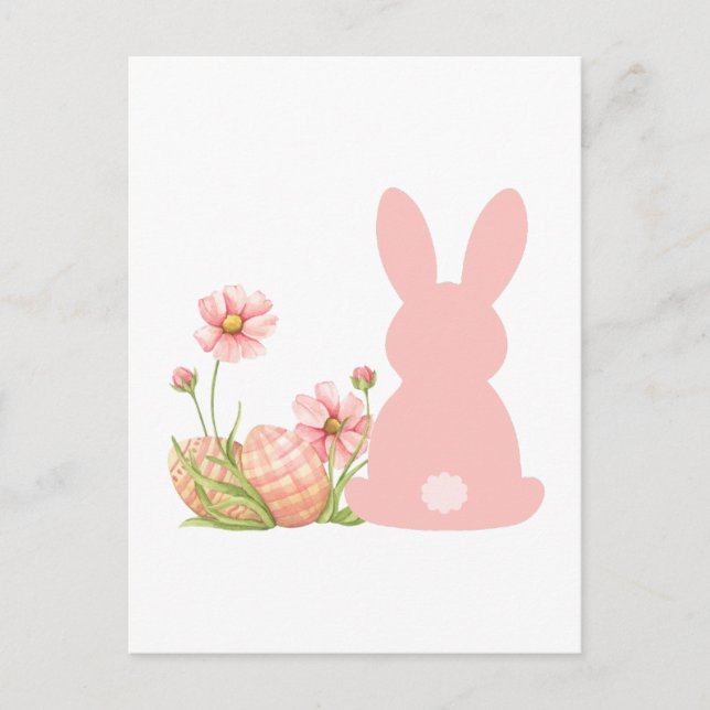 Cartão Postal Coelho de Páscoa Rosa Fofo com Flores de Primavera (Frente)