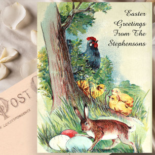 Cartão Postal Coelho de Páscoa Vintage Fofo e Ovos