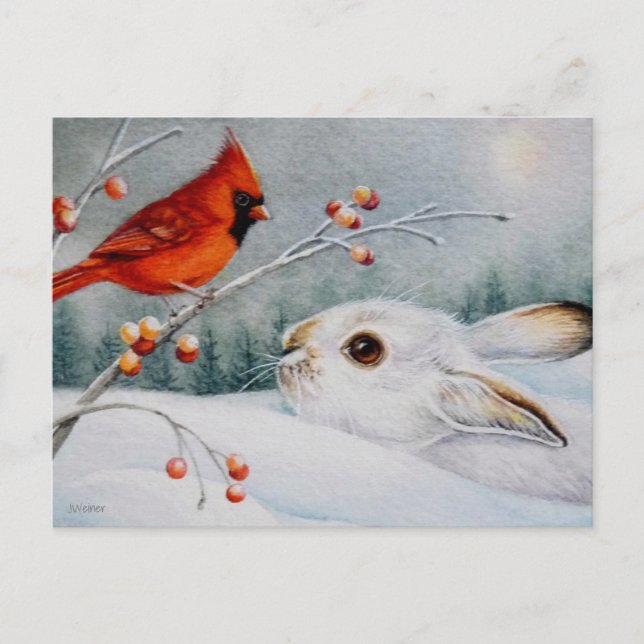 Cartão Postal Coelho de Snowshoe Arte de Aquarela Vermelha Cardi (Frente)