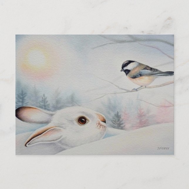 Cartão Postal Coelho de Snowshoe e Arte de Aquarela de Frango (Frente)
