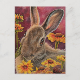 Cartão Postal Coelho do Outono Flores Amarelas Arte Aquarela