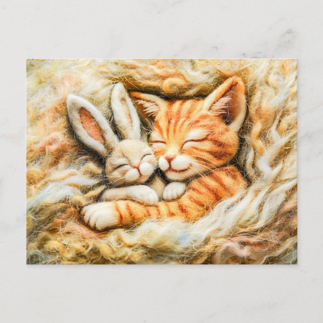Cartão Postal Coelho e Gato Dormindo na Lã Feita em Feltro (Frente)