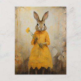 Cartão Postal Coelho em um vestido amarelo com uma flor amarela