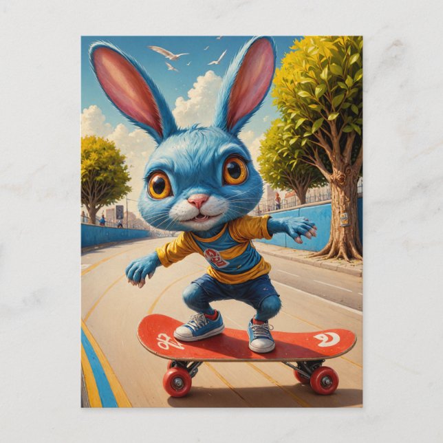 Cartão Postal Coelho Engraçado Adorável de Skateboard Cujo Coelh (Frente)