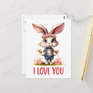 Cartão Postal Coelho engraçado fofo do Dia dos Namorados Rosa Eu