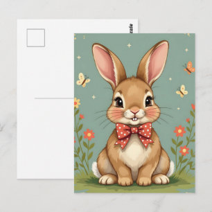 Cartão Postal Coelho marrom fofo e adorável com gravata borbolet