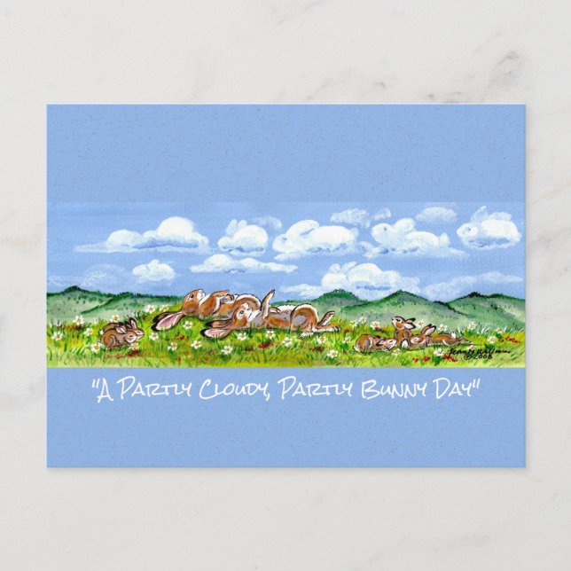 Cartão Postal Coelho Olhando Nuvens Divertido Aquarela Arte P (Frente)