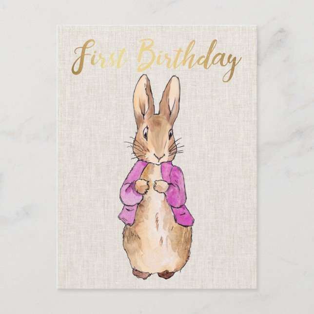 Cartão Postal Coelho Peter jaqueta rosa Primeiro aniversário (Frente)