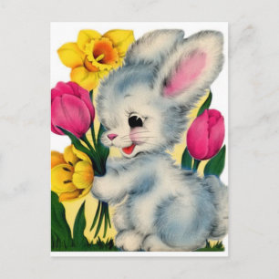 Cartão Postal Coelho Rabbit Vintage dos Anos 40 Com Flores