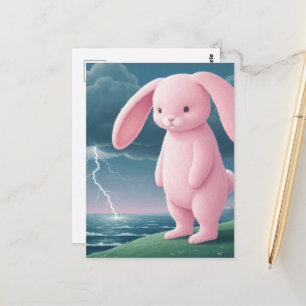 Cartão Postal Coelho Rosa Gigante em uma Tempestade