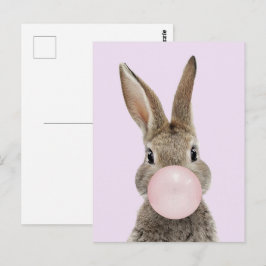 Cartão Postal Coelho soprando chiclete rosa
