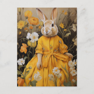 Cartão Postal Coelho Surreal em Vestido Amarelo e Flores