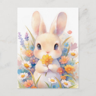 Cartão Postal Coelho Tan doce segurando Flor Amarela