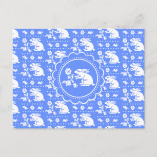 Cartão Postal Coelho Vintage com Flor Azul e Branco