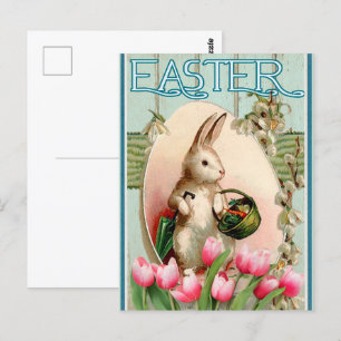 Cartão Postal Coelho Vintage Tulipa Floral E Ovo De Páscoa
