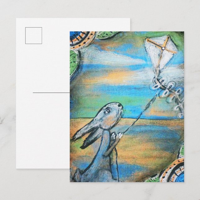 Cartão Postal Coelho voando uma pipa (Frente/Verso)