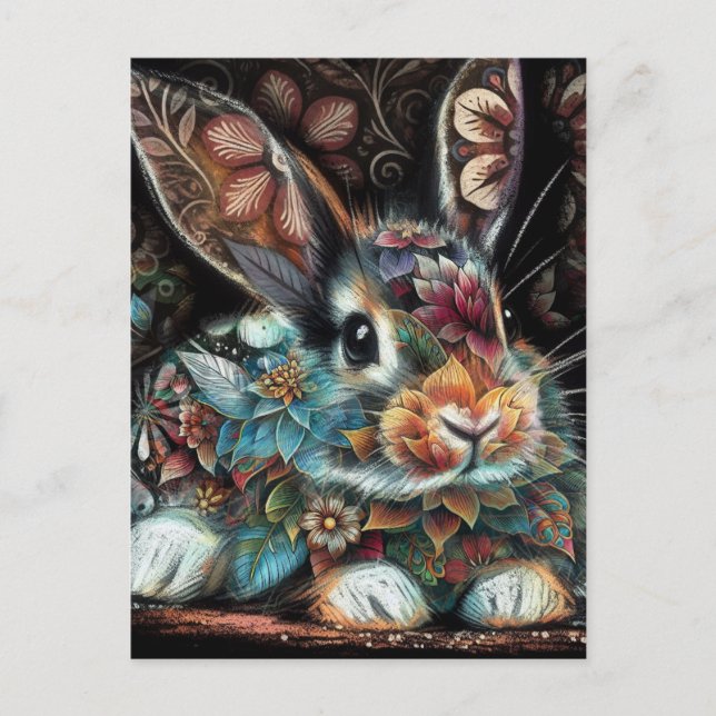 Cartão Postal Coelho Whimsso Rabbit Floral Abstrato Teal Preto (Frente)