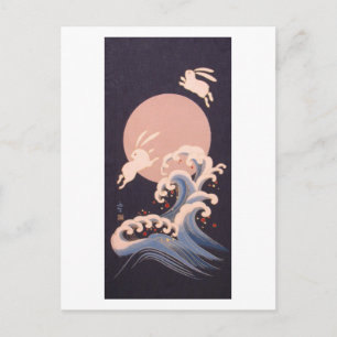 Cartão Postal Coelhos com Lua cheia e ondas