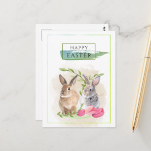 Cartão Postal Coelhos de Páscoa Fofos   Arte em Aquarela Feliz P