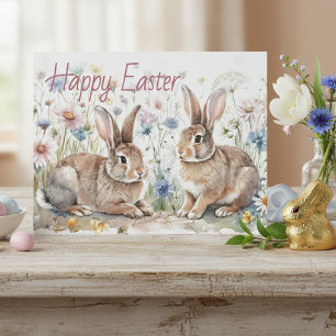 Cartão Postal Coelhos de Páscoa Personalizados e Aquarela Floral