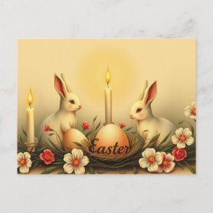 Cartão Postal Coelhos de Páscoa Vintage com Velas, Flores