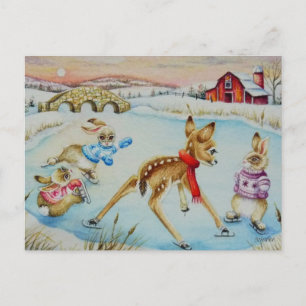 Cartão Postal Coelhos e Corças Patinando Arte Aquarela