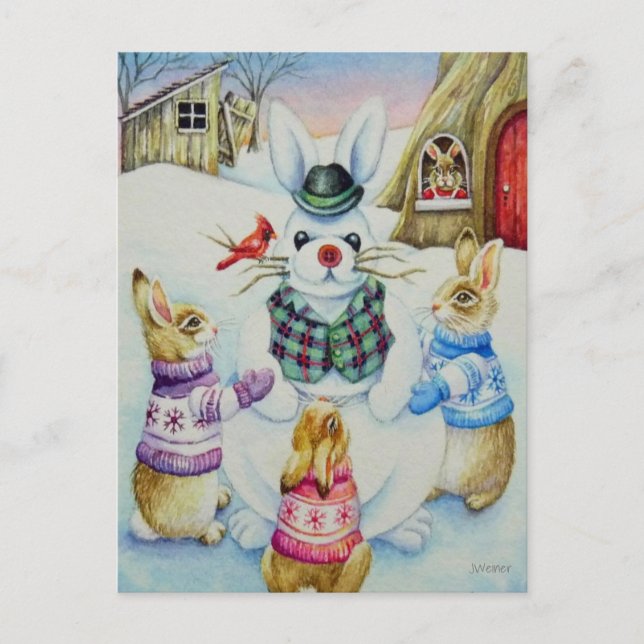 Cartão Postal Coelhos Invernos Construindo Snowbunny Watercolor  (Frente)
