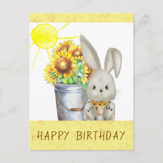 Cartão Postal Coelhozinho de Girassol Fofo Feliz Aniversário (Frente)
