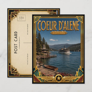Cartão Postal Coeur d’Alene Idaho Vintage Arte Deco Idade Dourad