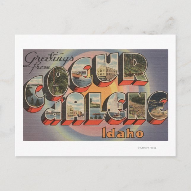 Cartão Postal Coeur d'Alene, Idaho - Cenas com Letras Grandes (Frente)