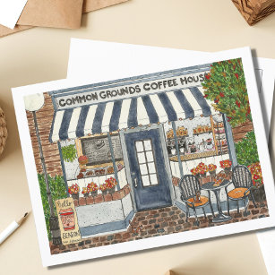 Cartão Postal Coffee House Storefront Watercolor
