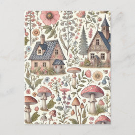 Cartão Postal Cogumelo de Cottagecore e Padrão Floral