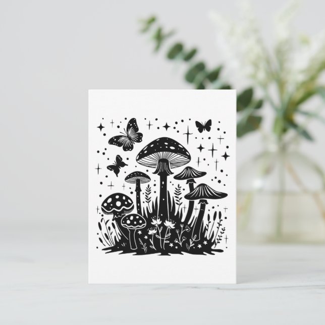 Cartão Postal Cogumelos Boho Celestial com Borboletas e Estrela (Em pé/Frente)