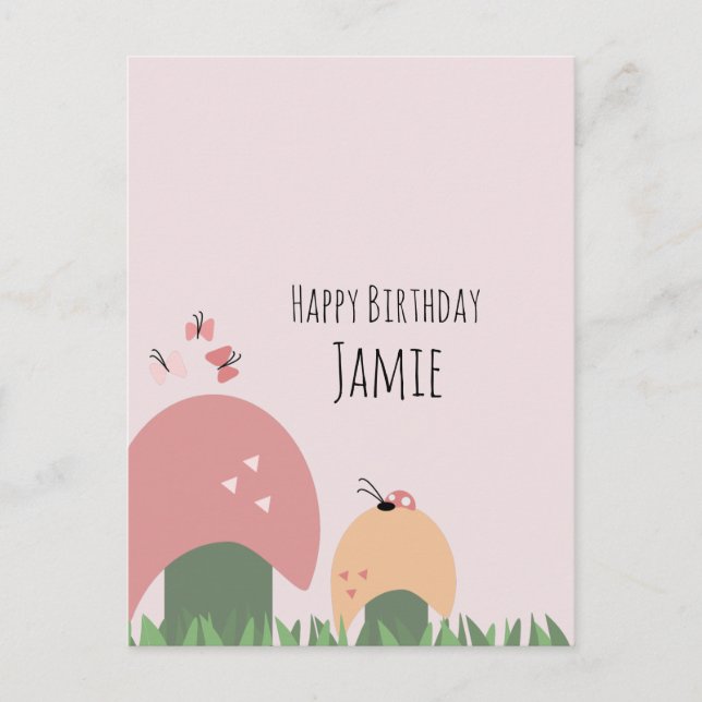 Cartão Postal Cogumelos, Borboletas e Damybugs Feliz Aniversário (Frente)