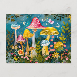 Cartão Postal Cogumelos Fantásticos em Floresta à Lua