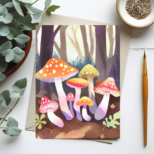 Cartão Postal Cogumelos Fofos Floresta em Aquarela