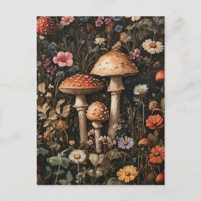 Cartão Postal Cogumelos Whimsical e flores selvagens Botânica (Frente)