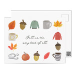 Cartão Postal Coisas de queda favoritas<br><div class="desc">Este design de outono encantador é adorado com belas ilustrações temáticas de outono. As cores ricas e quentes e o detalhamento capturam a essência da estação,  fazer-a uma escolha perfeita para uma variedade de ocasiões de outono.</div>