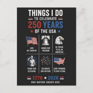 Cartão Postal Coisas que Eu Celebro 250 Anos EUA 1776