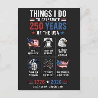 Cartão Postal Coisas que Eu Celebro 250 Anos EUA 1776