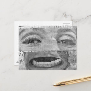 Cartão Postal colagem abstrata com olhos e boca preto e branco