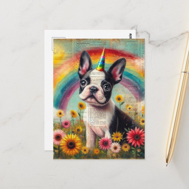 Cartão Postal Colagem Adorável de Papagaios em Boston Terrier Un (Frente/Verso In Situ)