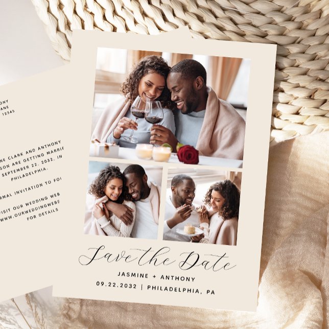 Cartão Postal Colagem de 3 fotos Beige Salvar a Data (Criador carregado)